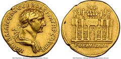 Ancients Roman Imperial Trajan (AD 98-117). AV aureus (19mm, 7.17 gm, 7h). NGC Choice VF 5/5 - 2/5, edge filing, brushed. Rome, AD 112-113. IMP TRAIANO AVG GER DAC P M TR P COS VI P P, laureate, drape