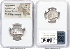 Ancients Greek LYCIA. Phaselis. Ca. 4th century BC. AR stater (23mm, 10.47 gm, 5h). NGC MS 5/5 - 4/5. Prow of galley right with fighting platform, gunwale decorated with eye / ΦAΣH, galley stern left.