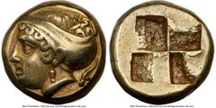 Ancients Greek Ancients IONIA. Phocaea. Ca. 477-388 BC. EL sixth-stater or hecte (10mm, 2.54 gm). NGC Choice VF 5/5 - 4/5, Fine Style. Female head left, hair bound in saccos and tied at forehead, curl