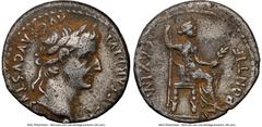 Ancients Roman Imperial Tiberius (AD 14-37). AR denarius (18mm, 1h). NGC Choice Fine, scuffs. Lugdunum, ca. AD 18-35. TI CAESAR DIVI-AVG F AVGVSTVS, laureate head of Tiberius right / PONTIF-MAXIM, Liv