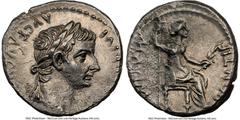 Ancients Roman Imperial Tiberius (AD 14-37). AR denarius (17mm, 3.56 gm, 10h). NGC Choice AU 4/5 - 1/5, edge chip. Lugdunum, ca. AD 18-35. TI CAESAR DIVI-AVG F AVGVSTVS, laureate head of Tiberius righ