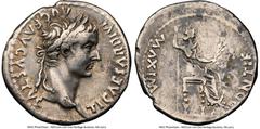 Ancients Roman Imperial Tiberius (AD 14-37). AR denarius (18mm, 5h). NGC Choice Fine, brushed. Lugdunum, ca. AD 18-35. TI CAESAR DIVI-AVG F AVGVSTVS, laureate head of Tiberius right / PONTIF-MAXIM, Li