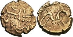 CELTIC BRITAIN. Atrebates & Regni. Tincommius (ca. 30-10 BC). AV stater (5.38 gm). Atrebatic D. Crude laureate head of Apollo right / TINC DV, disjointed horse galloping right; wheel below. Hobbs 764 