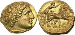 Philip II (359-336 BC). AV stater (8.56 gm). Posthumous issue of Teos, ca. 323-316 BC. Types as previous, except filleted branch below horses, spearhead in exergue. SNG ANS 318. Thompson, Philip 13. R