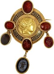 Philip II (359-336 BC). AV stater mounted in a modern gold brooch set with engraved stones (22.89 gm total). The stater, a lifetime issue of Pella (cf. Le Rider 72) in near EF condition is expertly mo