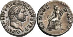 Vitellius (AD 69). AR denarius (3.49 gm). Rome, June-December AD 69. A VITELLIVS GERM IMP AVG TR P, laureate head of Vitellius right / CONCOR-DIA P R, Concordia seated left, holding patera and cornuco