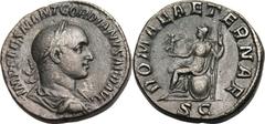 Gordian II Africanus (AD 238). AE sestertius (17.94 gm). Rome, March-April AD 238. IMP CAES M ANT GORDIANVS AFR AVG, laureate, draped bust of Gordian II right / ROMA AETERNAE, Roma seated left on shie