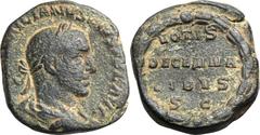 Aemilian (AD 253). AE sestertius (17.02 gm). Rome, August-October AD 253. [IMP AEM]ILIANVS PIVS FEL AVG, laureate, draped bust of Aemilian right / VOTIS DECENNA-LIBVS S C within laurel wreath. RIC 42a