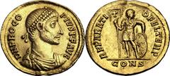Procopius (AD 365-366). AV solidus (4.33 gm). Constantinople, January-May AD 366. D N PROCO - PIVS P F AVG, pearl-diademed, draped and cuirassed bust of Procopius right / REPARATIO FEL TEMP, Procopius