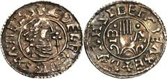 Late Anglo-Saxon. Aethelred II (978-1016) "Hand" Penny ND, S-1146, North-768, sceptre with trefoil head, a pair of large pellets by 2nd hand between Alpha and Omega on reverse, moneyer Byrhsige of Exe