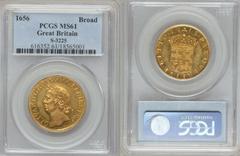 Cromwell gold Broad, or 20 Shillings, 1656, S-3225, WR-39 (R2), reeded edge, MS61 PCGS, a pleasing example of England's first milled or machine-made gold piece, engraved by Thomas Simon and struck by 