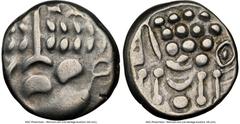 Ancients Celtic BRITAIN. Durotriges. Ca. 60-20 BC. AR stater (17mm, 5.89 gm, 3h). NGC VF 4/5 - 4/5. Durotrigan F, Spread Tail type. Devolved and Celticized head of Apollo right / Disjointed horse left