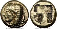 Ancients Greek IONIA. Phocaea. Ca. 521-478 BC. EL/AE fourrée sixth-staer or hecte (10mm, 2.00 gm). NGC XF 4/5 - 3/5, brushed. Ancient forgery. Diademed female head left of archaic style, wearing flora