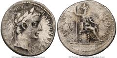 Ancients Roman Imperial Tiberius (AD 14-37). AR denarius (18mm, 10h). NGC Choice Fine. Lugdunum, ca. AD 18-35. TI CAESAR DIVI-AVG F AVGVSTVS, laureate head of Tiberius right / PONTIF-MAXIM, Livia, as 