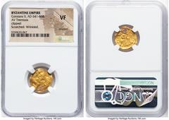 Ancients Byzantine Constans II Pogonatus (AD 641-668). AV tremissis (17mm, 5h). NGC VF, plugged, clipped, scratched, wrinkled. Constantinople. d N CONSTAN-TINЧS PP AV, pearl-diademed, draped, and cuir