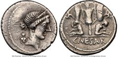 Ancients Roman Republic Julius Caesar, as Dictator (49-44 BC). AR denarius (19mm, 3.95 gm, 6h). NGC VF 4/5 - 2/5, marks. Military mint traveling with Caesar in Spain, ca. late 46-early 45 BC. Bust of 