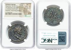 Ancients Roman Imperial Vespasian (AD 69-79). AE sestertius (33mm, 25.35 gm, 7h). NGC XF 5/5 - 1/5. Judaea Capta issue. Rome, AD 71. IMP CAES VESPAS AVG P M TR P P P COS III, laureate head of Vespasia