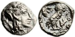 Philistia (for Jerusalem [Judah]?) (5-4 centuries BC). AR half-ma'ah obol (7mm, 0.33 gm, 6h). Helmeted head of Athena to r. / AΘE downward on r.; owl r. head facing, olive spray and crescent upper l.,