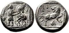 Samaria (late 4th century BC). AR quarter-shekel (15mm, 3.67 gm, 5h). {link rel="stylesheet" type="text/css" href="http://coins.ha.com/c/s/css/fonts.css"/}{font face="Semitic Legends"}¬ {/font} (S L 