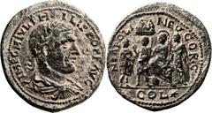 Neapolis, Samaria. Philip I (245 - 249 AD). AE (28mm, 12.15 gm, 12h). Draped bust of Philip I r., laureate; IMP C M IVL PHILIPPO P F AVG / Helmeted figure seated facing, r. foot placed on globe (?), h