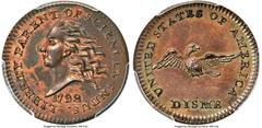 Patterns 1792 P10C Disme, Judd-11, Pollock-12, R.8 MS64 Red and Brown PCGS. CAC. Ex: Garrett. 61.5 grains, plain edge. The 1792 Disme pattern in copper, with a plain edge, Judd-11, is an outstanding r