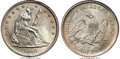 Seated Half Dollars 1866-S 50C No Motto, WB-101, Die Pair 1, R.5, MS65 NGC. Struck early in the year, the 1866-S No Motto half dollars, half eagles, eagles, and double eagles used reverse dies on hand