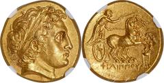 Ancients Greek MACEDONIAN KINGDOM. Philip II (359-336 BC). AV stater (18mm, 8.61 gm, 11h). NGC MS 5/5 - 4/5, Fine Style. Late posthumous issue, Colophon, under Philip III Arrhidaeus, ca. 322 BC. Laure