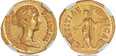 Ancients Roman Imperial Faustina Junior (AD 147-175/6). AV aureus (20mm, 7.19 gm, 5h). NGC Choice AU 5/5 - 3/5, Fine Style, brushed. Rome, AD 138-161. FAVSTINAE AVG-P II AVG FIL•, draped bust of Faust