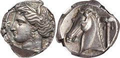 Ancients Greek SICULO-PUNIC. Sicily. Ca. 320-300 BC. AR tetradrachm (25mm, 16.88 gm, 3h). NGC AU 4/5 - 4/5. Head of Arethusa left, wreathed with reeds, wearing pearl necklace and triple-pendant earrin