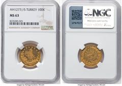 Islamic Dynasties Ottoman Empire Ottoman Empire. Abdul Aziz gold 100 Kurush AH 1277 Year 5 (1864/1865) MS63 NGC, Qustantiniyah mint, KM696, Fr-127. NGC Top Pop, with the only other two available from 