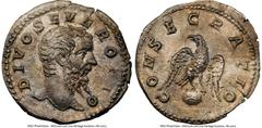 Ancients Roman Imperial Divus Septimius Severus (AD 193-211). AR denarius (19mm, 2.92 gm, 7h). NGC AU 5/5 - 3/5. Rome, AD 211(?). DIVO SEVERO PIO, bareheaded Divus Septimius Severus right / CONSECRATI