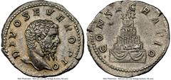 Ancients Roman Imperial Divus Septimius Severus (AD 193-211). AR denarius (19mm, 3.31 gm, 6h). NGC XF 5/5 - 4/5. Rome, AD 211(?). DIVO SEVERO PIO, bare head of Divus Septimius Severus right / CONSECRA
