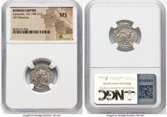Ancients Roman Imperial Caracalla (AD 198-217). AR denarius (19mm, 7h). NGC MS. ANTONINVS PIVS-AVG BRIT, laureate head of Caracalla right / P M TR P XV COS III P P, Annona enthroned left, grain ears i