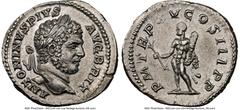 Ancients Roman Imperial Caracalla (AD 198-217). AR denarius (19mm, 3.01 gm, 7h). NGC Choice AU 5/5 - 3/5, brushed. Rome, AD 212. ANTONINVS PIVS-AVG BRIT, laureate head of Caracalla right / P M TR P XV
