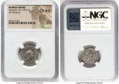 Ancients Roman Imperial Caracalla (AD 198-217). AR denarius (18mm, 12h). NGC Choice AU. Rome, AD 214. ANTONINVS PIVS AVG GERM, laureate head of Caracalla right / P M TR P XVII COS IIII P P, Apollo sea