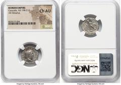 Ancients Roman Imperial Caracalla (AD 198-217). AR denarius (18mm, 5h). NGC Choice AU. Rome, AD 213. ANTONINVS PIVS FEL AVG, laureate head of Caracalla right / MARTI PROPVG-NATORI, Mars advancing left