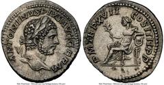 Ancients Roman Imperial Caracalla (AD 198-217). AR denarius (19mm, 3.18 gm, 1h). NGC Choice XF 5/5 - 3/5, brushed. Rome, AD 214. ANTONINVS PIVS AVG GERM, laureate head of Caracalla right / P M TR P XV