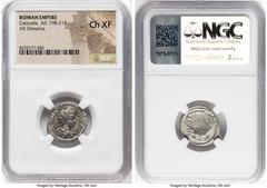 Ancients Roman Imperial Caracalla (AD 198-217). AR denarius (20mm, 1h). NGC Choice XF. Rome, AD 201-206. ANTONINVS-PIVS AVG, laureate, draped bust of youthful Caracalla right, seen from behind / ADVEN