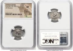 Ancients Roman Imperial Caracalla (AD 198-217). AR denarius (19mm, 5h). NGC XF, flan flaw. Rome, AD 201-206. ANTONINVS-PIVS AVG, laureate, draped bust of youthful Caracalla right, seen from behind / I