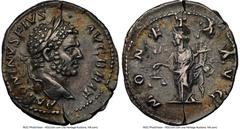 Ancients Roman Imperial Caracalla (AD 198-217). AR denarius (19mm, 6h). NGC Choice VF. Rome, AD 215. ANTONINVS PIVS AVG BRIT, laureate head of Caracalla right / MONETA AVG, Moneta standing facing, hea