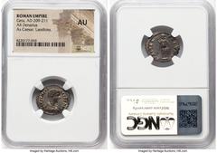 Ancients Roman Imperial Geta, as Caesar (AD 209-211). AR denarius (19mm, 6h). NGC AU. Laodicea ad Mare, ca. AD 198-200. L SEPTIMIVS-GETA CAES, bare headed, draped, and cuirassed bust of youthful Geta 