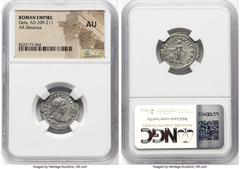 Ancients Roman Imperial Geta, as Caesar (AD 209-211). AR denarius (20mm, 6h). NGC AU. Rome, AD 210. P SEPT GETA-PIVS AVG BRIT, laureate, bearded head of Geta right / PONTIF TR P II COS II, Genius stan