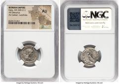 Ancients Roman Imperial Geta, as Caesar (AD 209-211). AR denarius (20mm, 10h). NGC AU. Laodicea ad Mare, AD 203?. P SEPTIMIVS GETA CAES, bare headed, draped bust of youthful Geta right, seen from behi