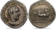 Ancients Roman Imperial Macrinus (AD 217-218). AR denarius (20mm, 3.14 gm, 12h). NGC Choice VF 5/5 - 4/5. Rome, AD 218. IMP C M OPEL SEV MACRINVS AVG, laureate, cuirassed bust of Macrinus right, seen 
