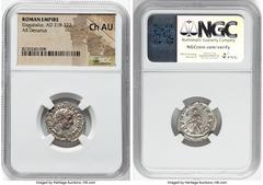 Ancients Roman Imperial Elagabalus (AD 218-222). AR denarius (19mm, 12h). NGC Choice AU. Rome. IMP ANTONINIVS PIVS AVG, laureate, draped and cuirassed bust of Elagabalus right, seen from behind / ABVN