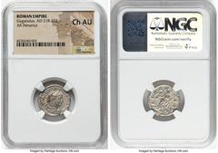 Ancients Roman Imperial Elagabalus (AD 218-222). AR denarius (18mm, 2h). NGC Choice AU. Rome. IMP ANTONINVS PIVS AVG, laureate, draped bust of Elagabalus right, seen from behind / LIBERTAS AVG, Libert