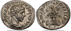 Ancients Roman Imperial Elagabalus (AD 218-222). AR denarius (19mm, 3.15 gm, 1h). NGC AU 5/5 - 4/5. Rome. IMP ANTONINVS PIVS AVG, laureate, draped, and cuirassed bust of Elagabalus right, seen from be
