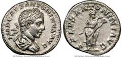 Ancients Roman Imperial Elagabalus (AD 218-222). AR denarius (19mm, 3.75 gm, 11h). NGC AU 5/5 - 3/5, brushed. Rome. IMP CAES ANTONINVS AVG, laureate, draped bust of Elagabalus right, seen from behind 