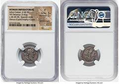 Ancients Roman Republic Julius Caesar, as Dictator (49-44 BC). AR denarius (18mm, 3.42 gm, 2h). NGC Fine 3/5 - 2/5, bankers marks. Military mint traveling with Caesar in Spain, ca. late 46-early 45 BC