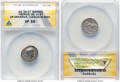 Ancients Roman Imperial Tiberius, as Augustus (AD 14-37). AR denarius (18mm, 4h). ANACS VF 35, countermark. Lugdunum, ca. AD 18-35. TI CAESAR DIVI-AVG F AVGVSTVS, laureate head of Tiberius right / PON